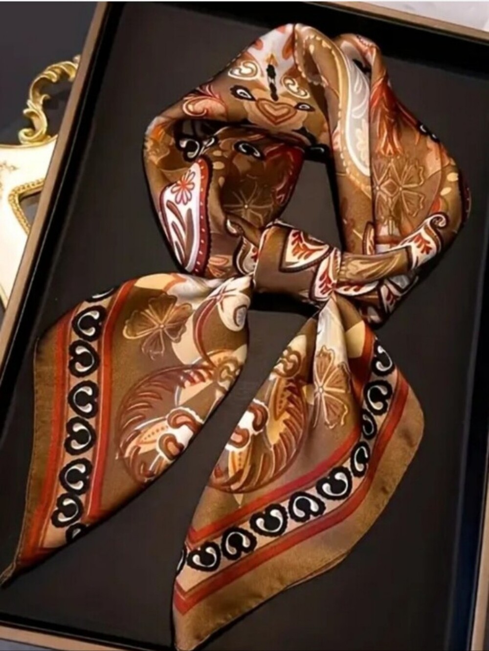 Silk-feel  Brown Paisley Print Neck Scarf Head Scarf